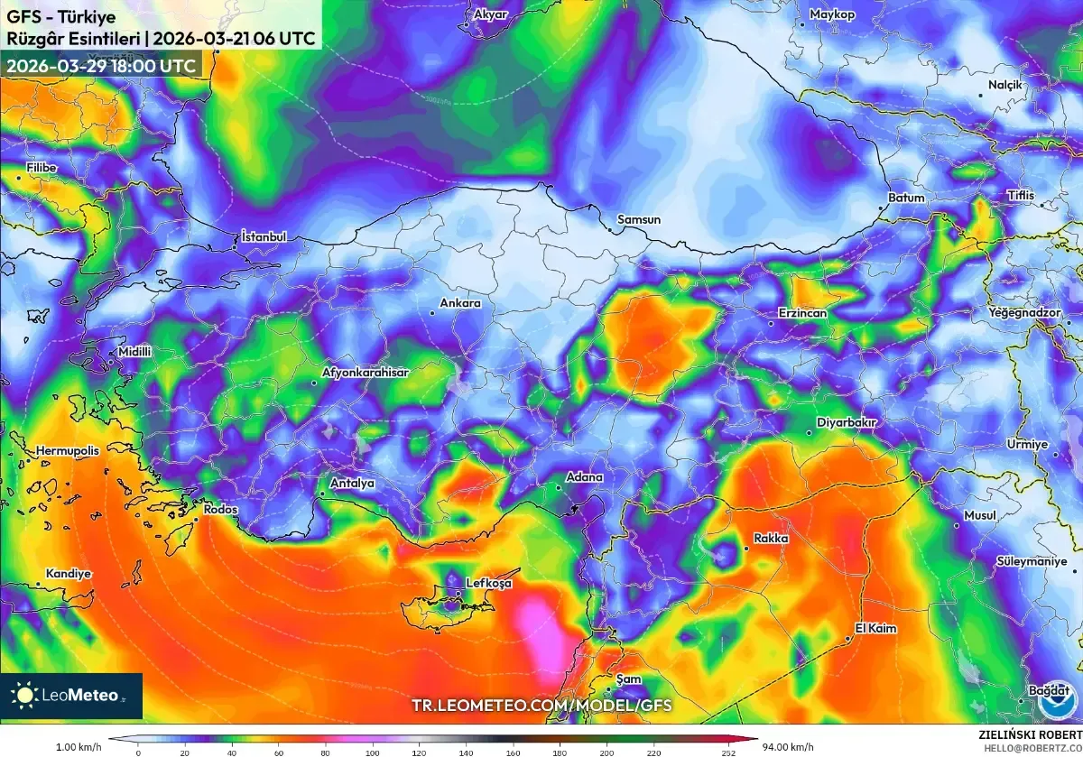 29 Mart 2026’da İç Anadolu’da Kuvvetli Rüzgârlar (GFS)
