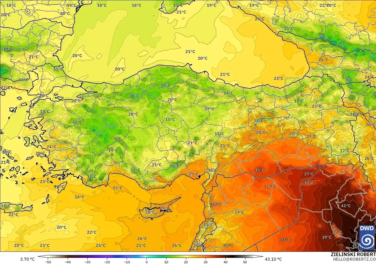 Türkiye genelinde 2 metre yükseklikte tahmin edilen sıcaklık, 27 Eylül 2026 Pazar. ICON modeli