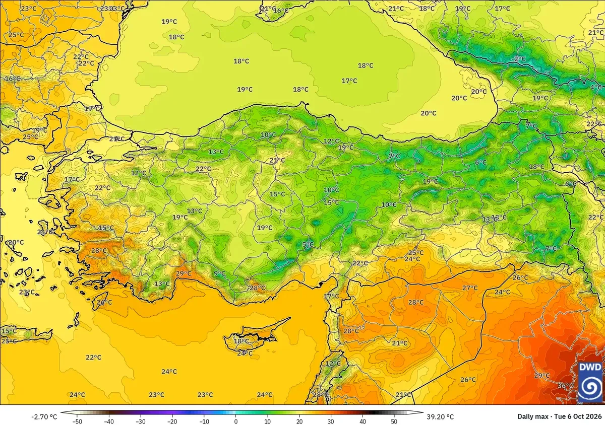 Türkiye genelinde en yüksek sıcaklık 29 °C, 6 Ekim 2026 Salı. ICON modeli