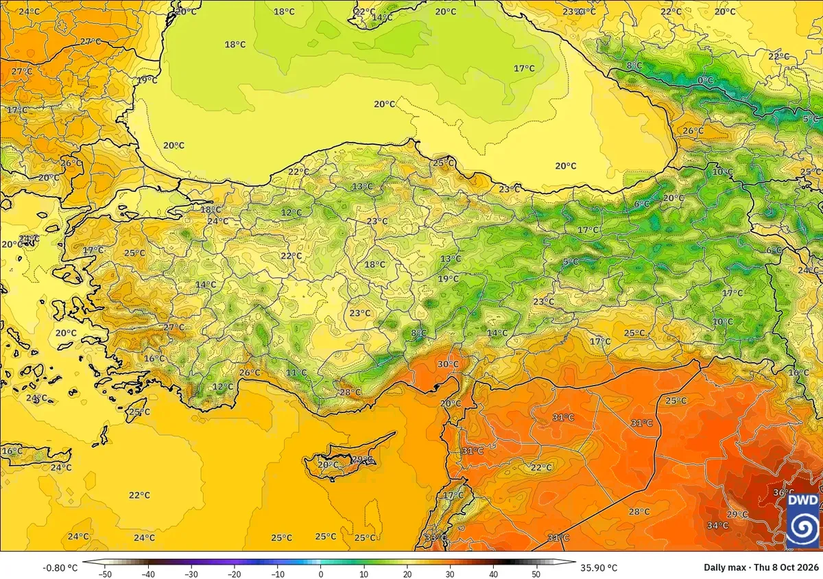 Türkiye genelinde en yüksek sıcaklık 31 °C, 8 Ekim 2026 Perşembe. ICON modeli