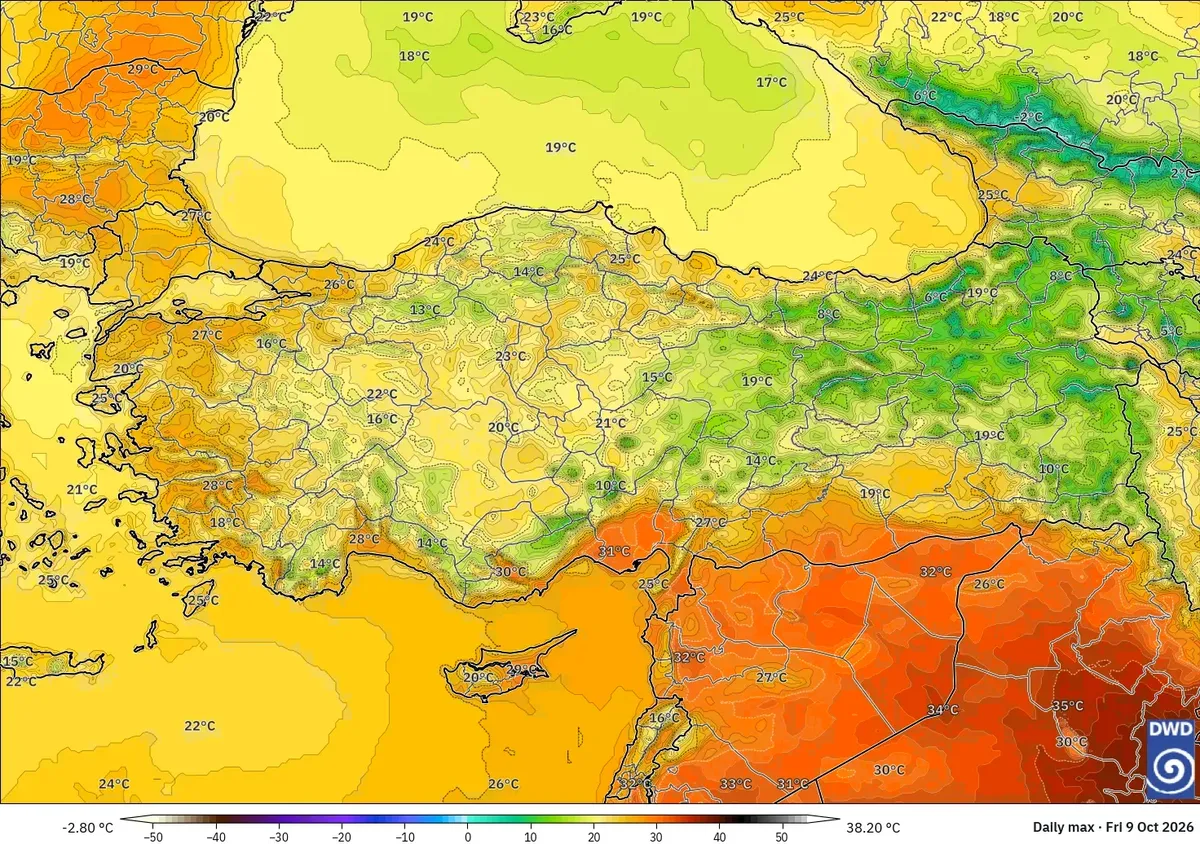 Türkiye genelinde en yüksek sıcaklık 32 °C, 9 Ekim 2026 Cuma. ICON modeli