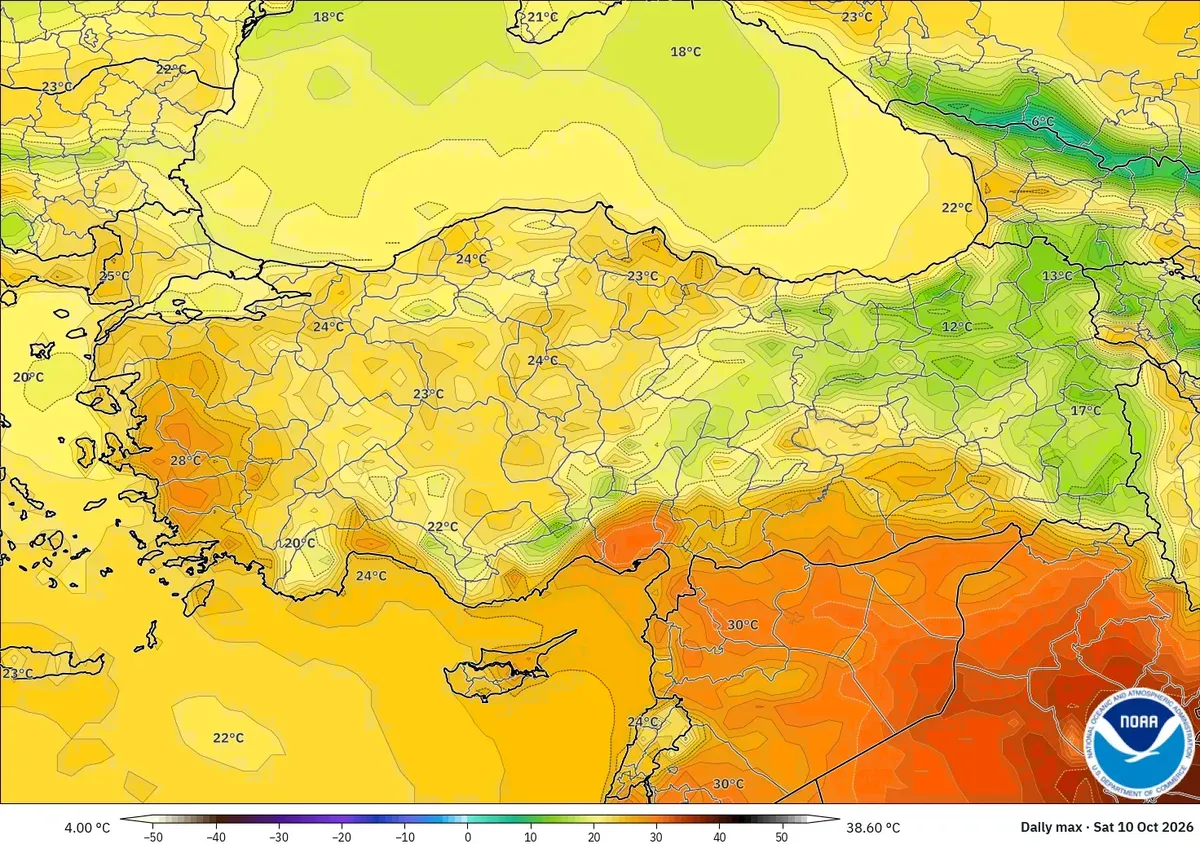 Türkiye genelinde en yüksek sıcaklık 31 °C, 10 Ekim 2026 Cumartesi. GFS modeli