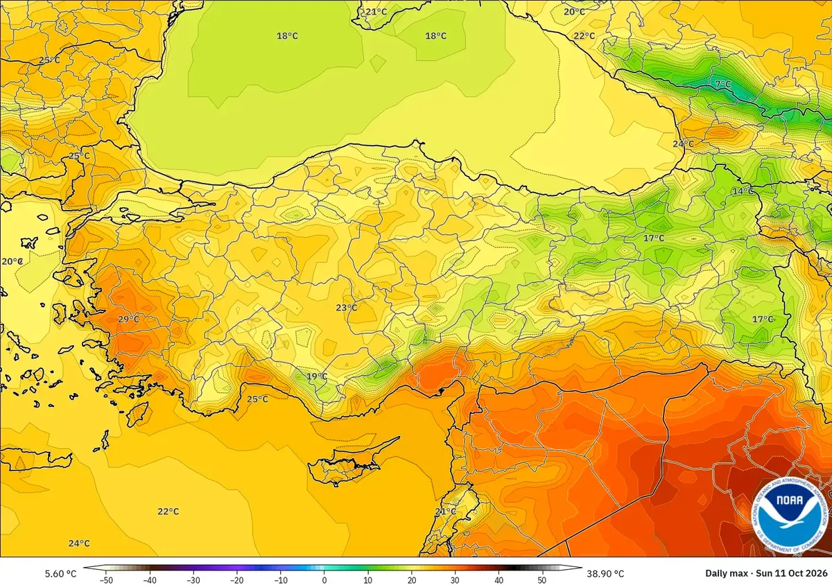 Türkiye genelinde en yüksek sıcaklık 31 °C, 11 Ekim 2026 Pazar. GFS modeli