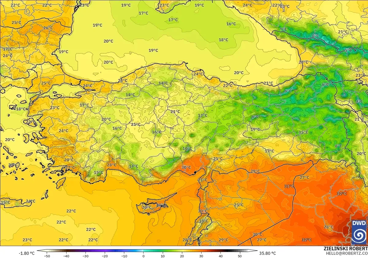 Türkiye genelinde sıcaklıklar 33 °C'ye kadar, 10 Ekim 2026 Cumartesi. ICON model