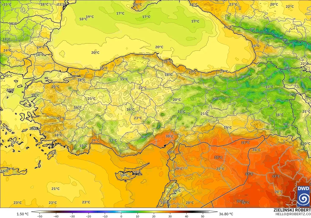Türkiye genelinde sıcaklıklar 33 °C'ye kadar, 11 Ekim 2026 Pazar. ICON model