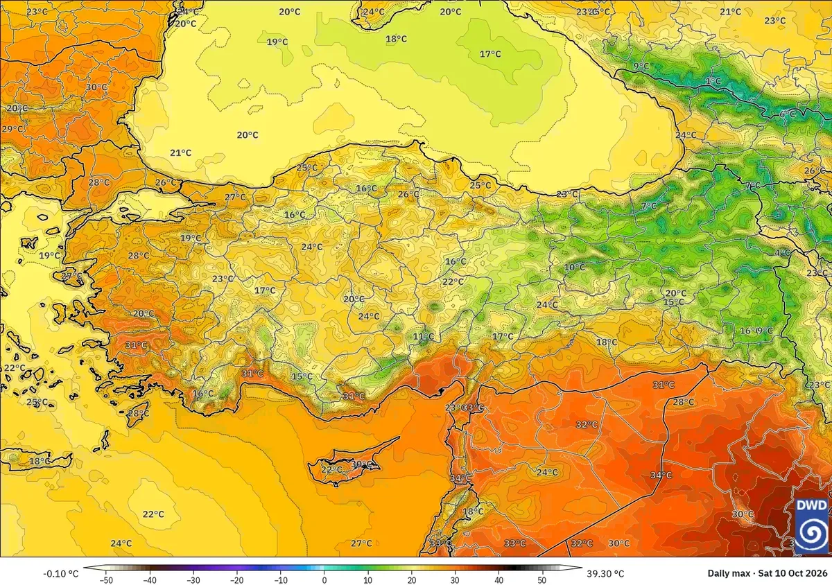 Türkiye genelinde en yüksek sıcaklıklar 33 °C'ye kadar, 10 Ekim 2026 Cumartesi. ICON modeli