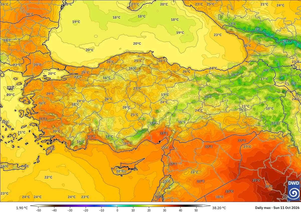 Türkiye genelinde en yüksek sıcaklıklar 33 °C'ye kadar, 11 Ekim 2026 Pazar. ICON modeli