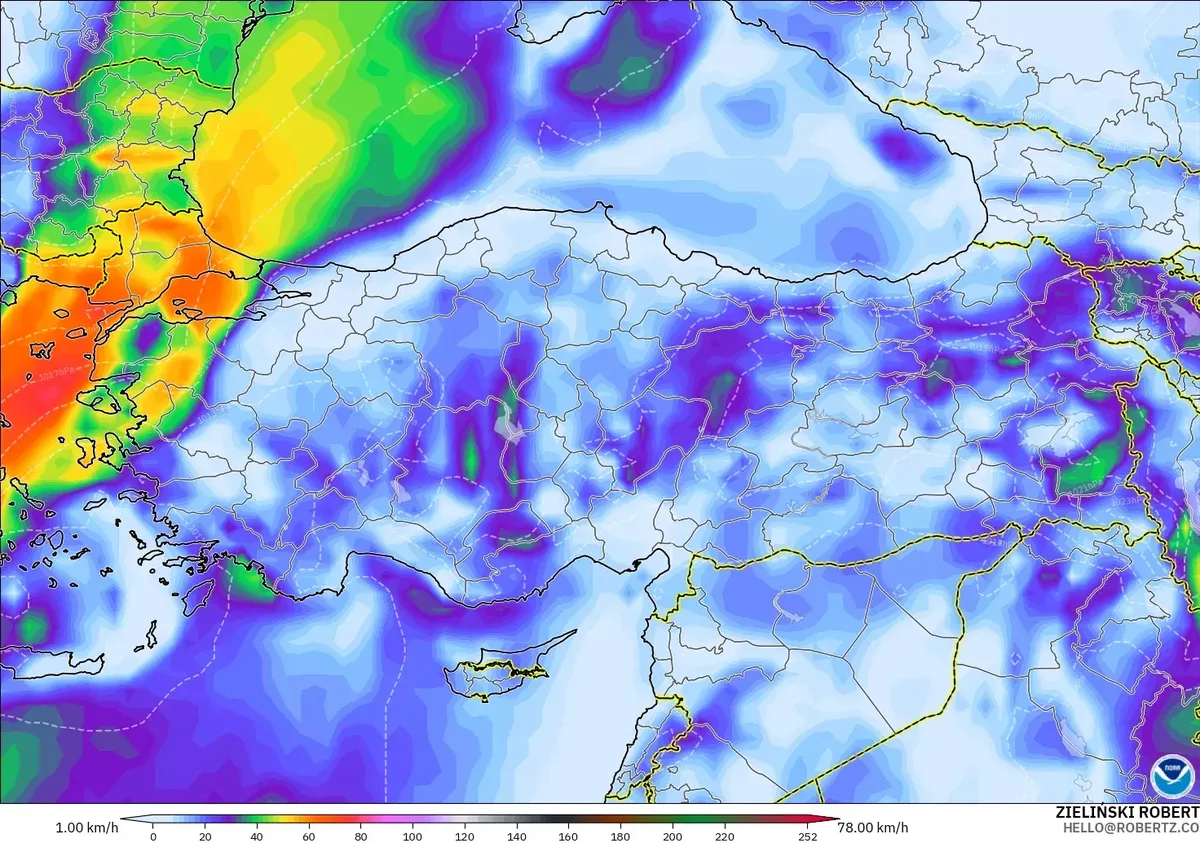 Türkiye genelinde rüzgar saatte 75 kilometreye kadar, 14 Ekim 2026 Çarşamba. GFS modeli