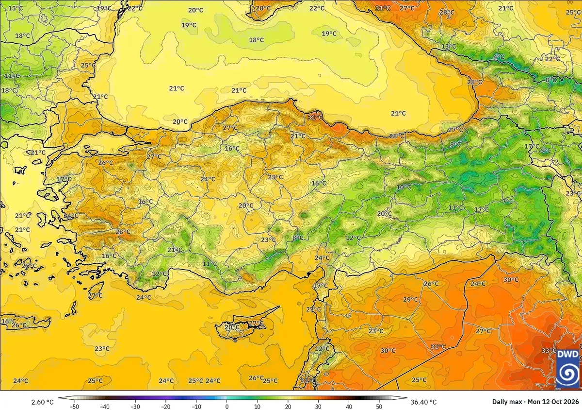 Türkiye genelinde en yüksek sıcaklıklar 32°C'ye kadar, 12 Ekim 2026 Pazartesi. ICON modeli