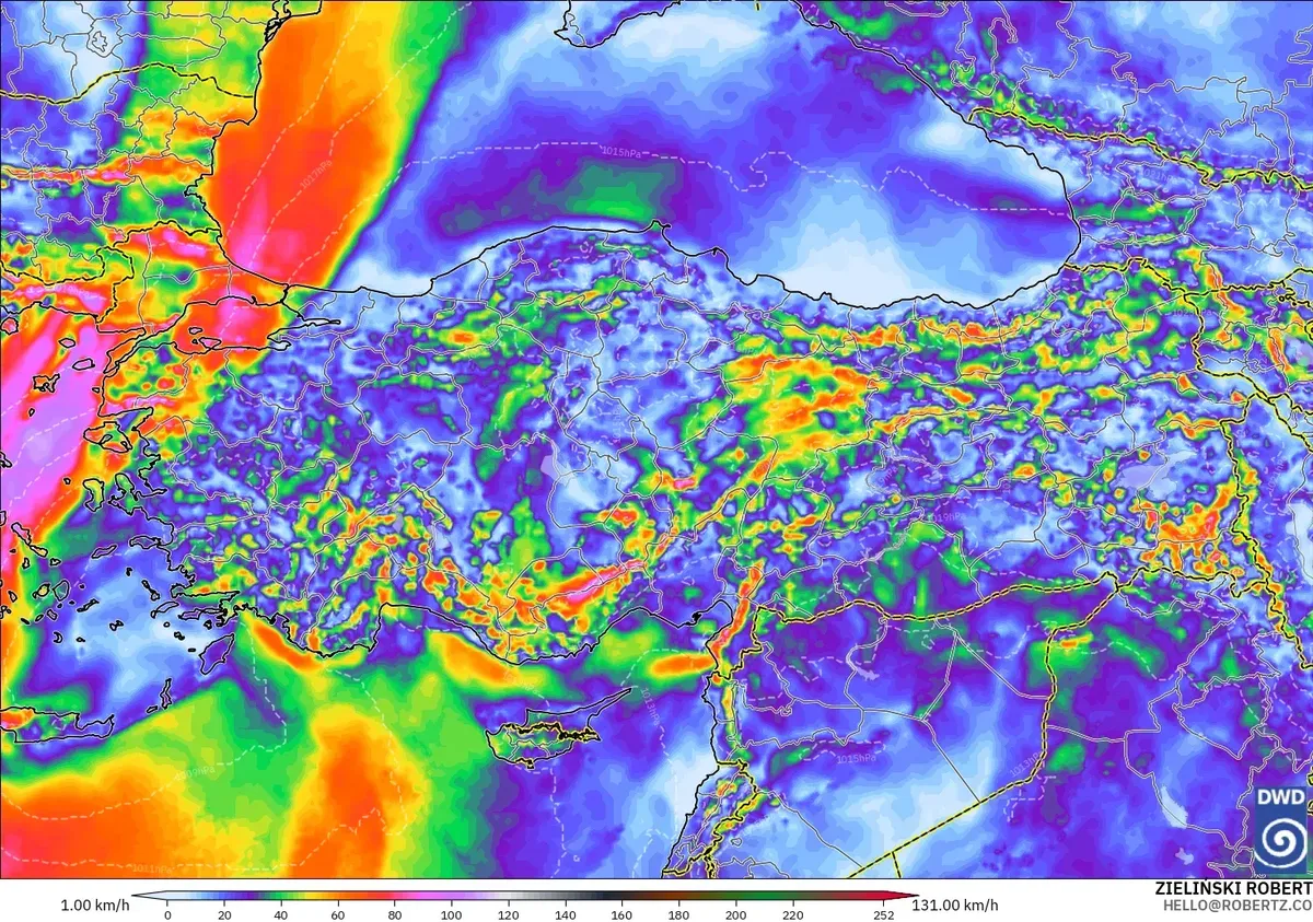 Türkiye genelinde saatte 107 km hıza kadar rüzgar, 14 Ekim 2026 Çarşamba. ICON modeli