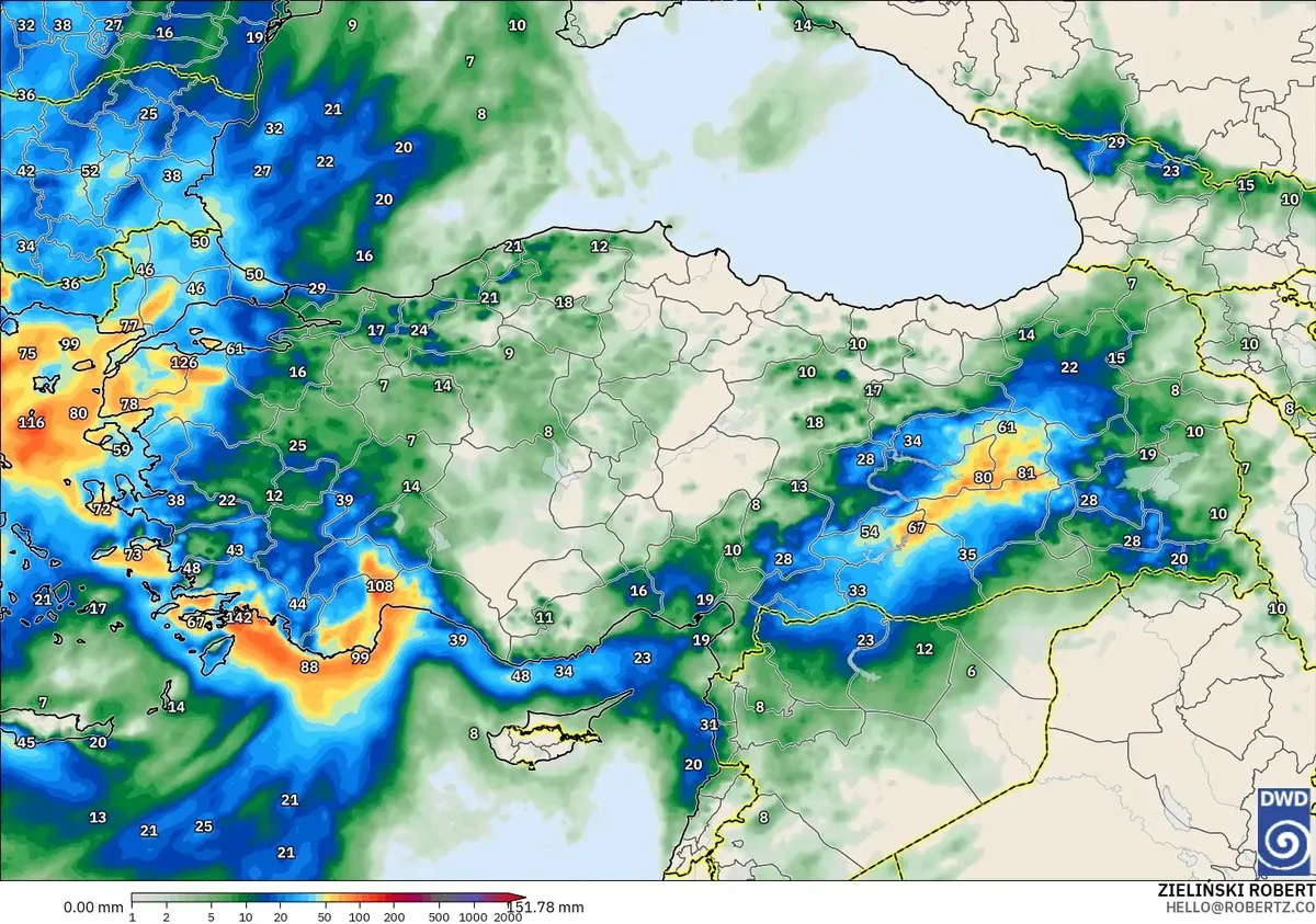 Türkiye genelinde günde 41 mm'ye kadar yağış, 14 Ekim 2026 Çarşamba. ICON modeli