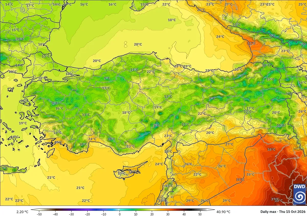 Türkiye genelinde en yüksek sıcaklık 32 °C, 15 Ekim 2026 Perşembe. ICON modeli