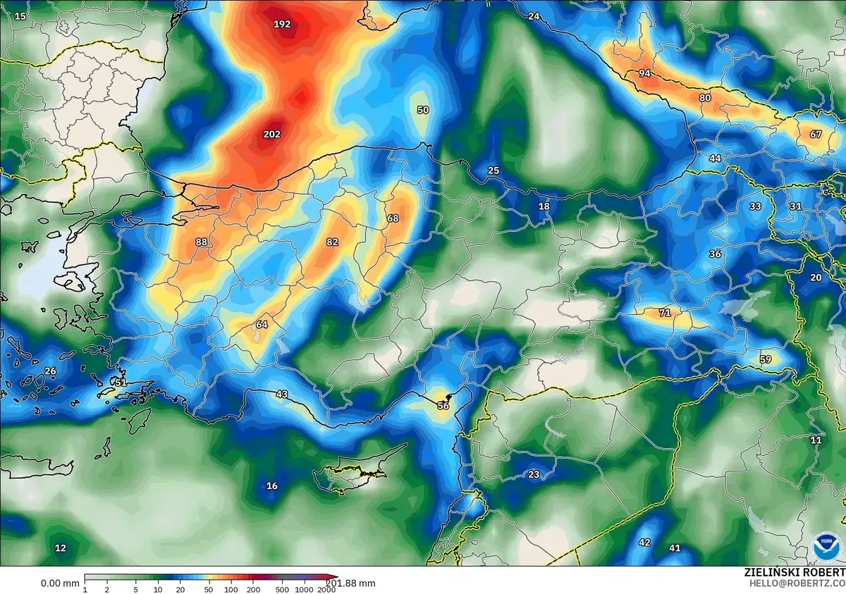 Türkiye'nin kuzeyinde 8 günde 181 mm'ye varan yağış, 24 Ekim 2026 Cumartesi. GFS modeli