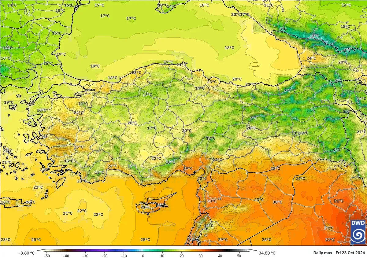 Türkiye genelinde 30 °C'ye varan en yüksek sıcaklıklar, 23 Ekim Cuma 2026. ICON modeli