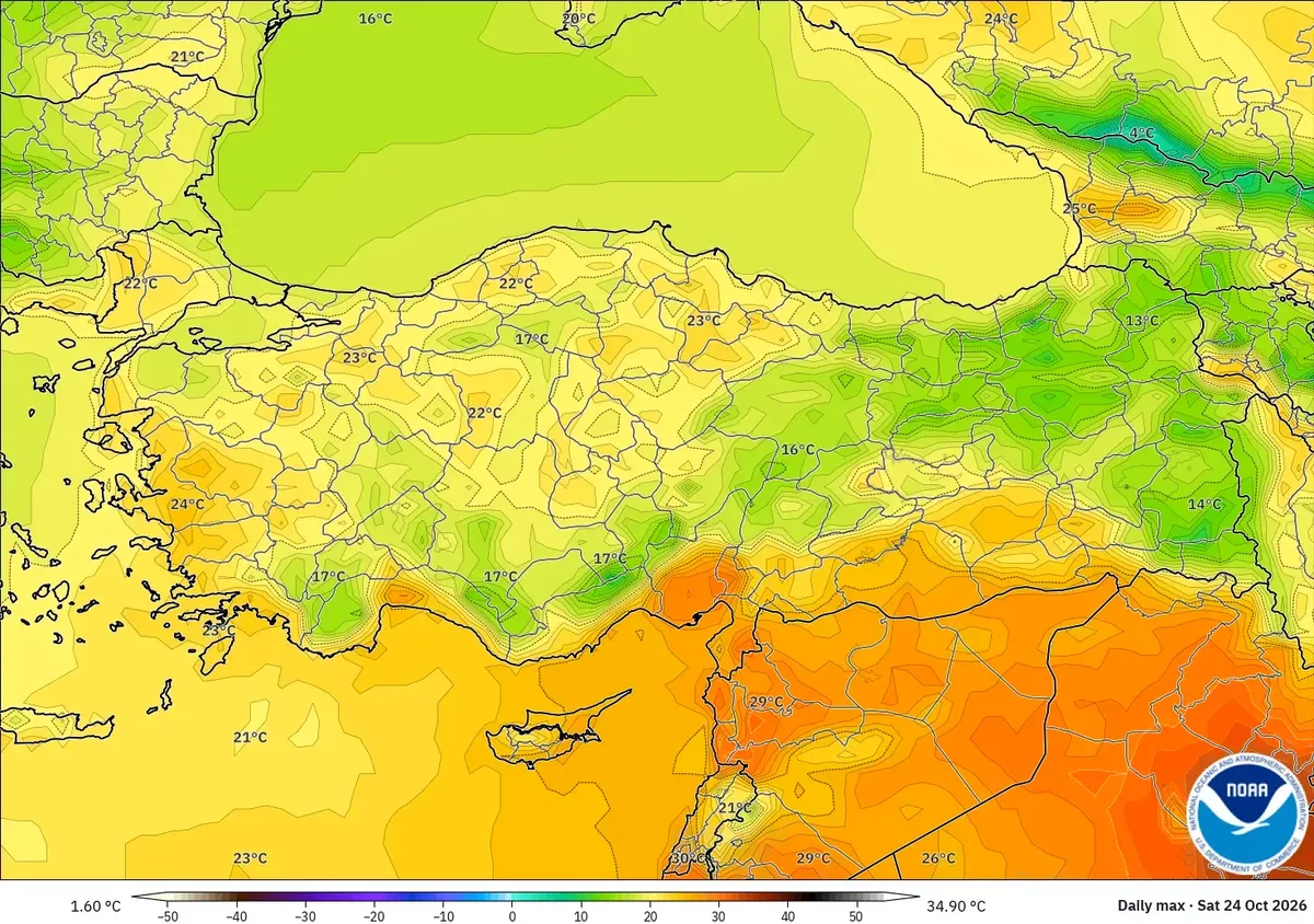 Türkiye genelinde 30 °C'ye varan en yüksek sıcaklıklar, 24 Ekim Cumartesi 2026. GFS modeli