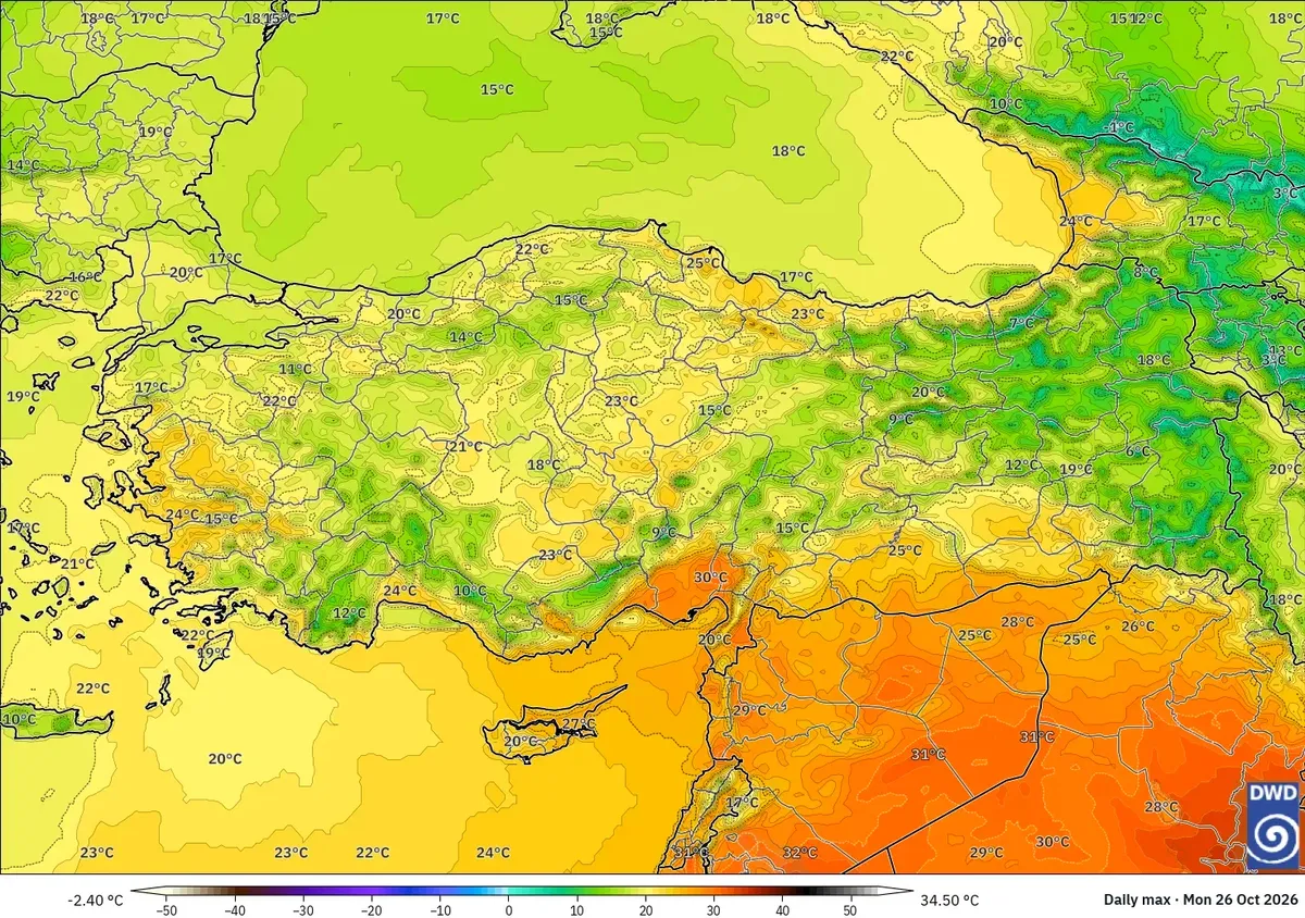 Türkiye genelinde 30 °C'ye varan sıcaklıklar, 26 Ekim 2026 Pazartesi. ICON modeli