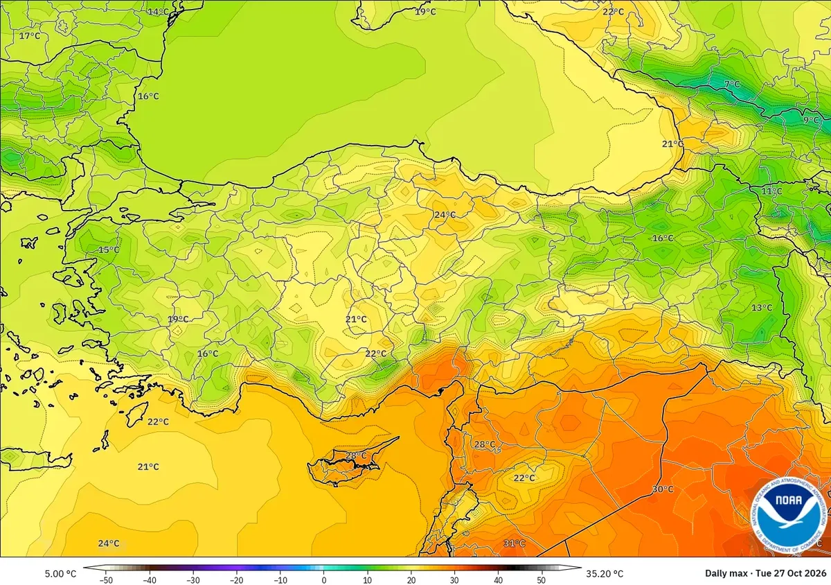 Türkiye genelinde 30 °C'ye varan sıcaklıklar, 27 Ekim 2026 Salı. GFS modeli