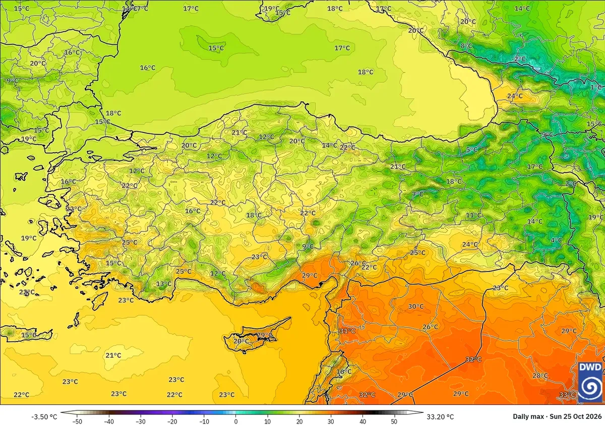 25 Ekim Pazar 2026, Türkiye genelinde 30°C'ye varan en yüksek sıcaklıklar. ICON modeli