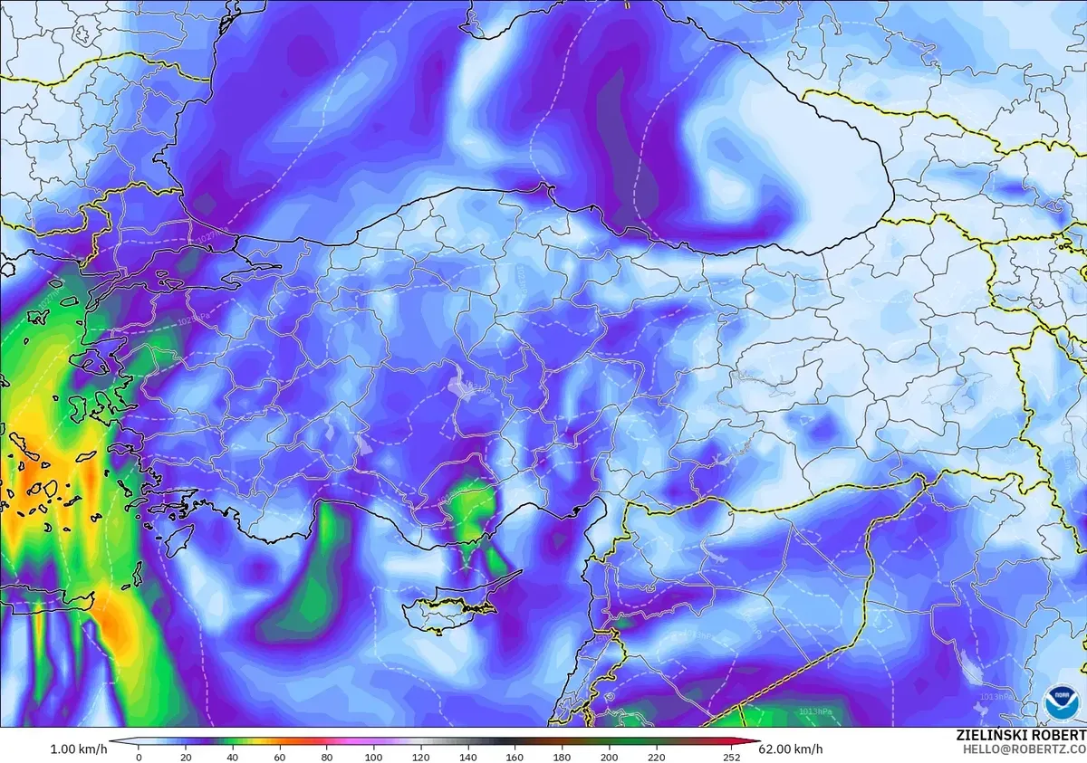 Türkiye'nin güneyinde, 31 Ekim Cumartesi 2026'da 59 km/sa'ye varan rüzgar. GFS modeli
