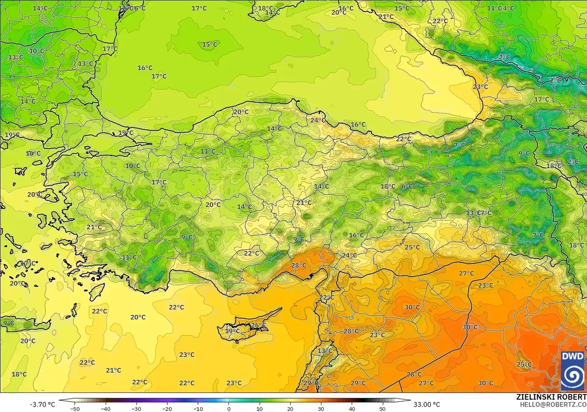 Türkiye'nin güneyinde 31 °C'ye varan sıcaklıklar, 26 Ekim 2026 Pazartesi. ICON modeli