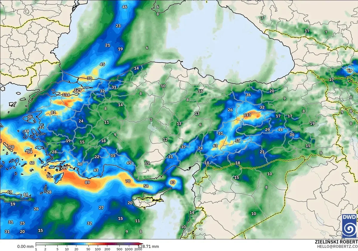 Türkiye çevresinde 3,9 günde 97 mm'ye varan yağış, 28 Ekim 2026 Çarşamba. ICON modeli