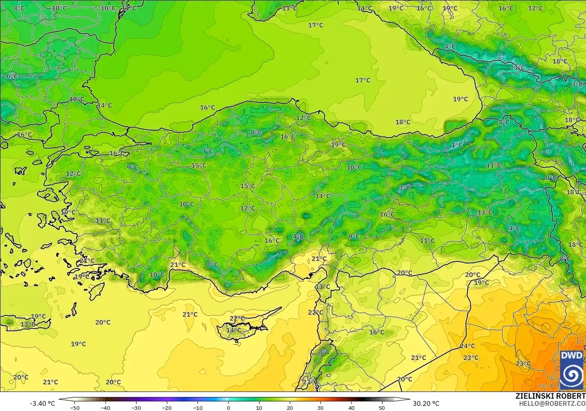 Türkiye'nin güneyinde sıcaklıklar 28°C'ye kadar, 31 Ekim 2026 Cumartesi. ICON modeli